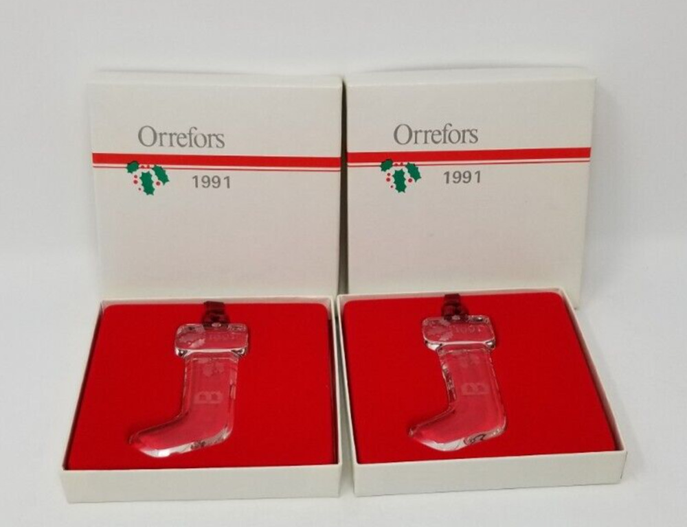 Set of 2 VTG 1991 Orrefors Sweden Crystal Stocking Christmas Ornaments IOB
